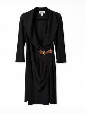 JOSEPH RIBKOFF Black Belted Faux Wrap Midi Dress Sz 12 Quiet Luxury Equestrian